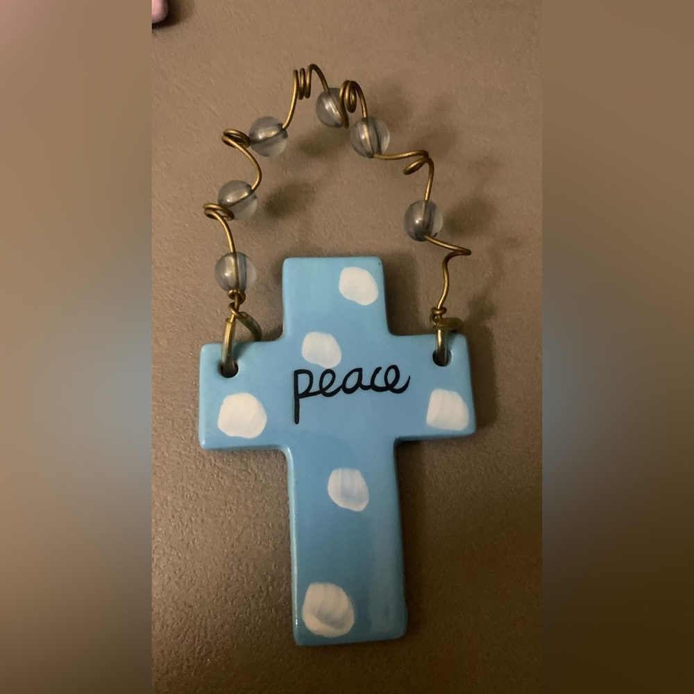 SILVESTRI HAND CRAFTED CERAMIC CROSS ORNAMENT: signed by artist-Blue(peace)